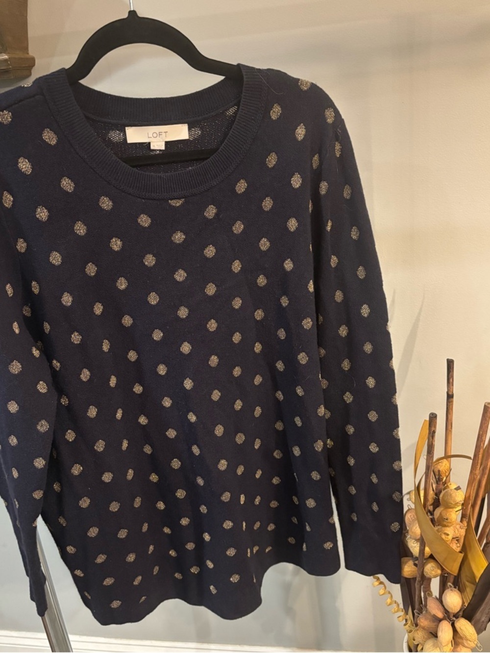 LOFT Navy Crewneck Sweater with Metallic Gold Dots